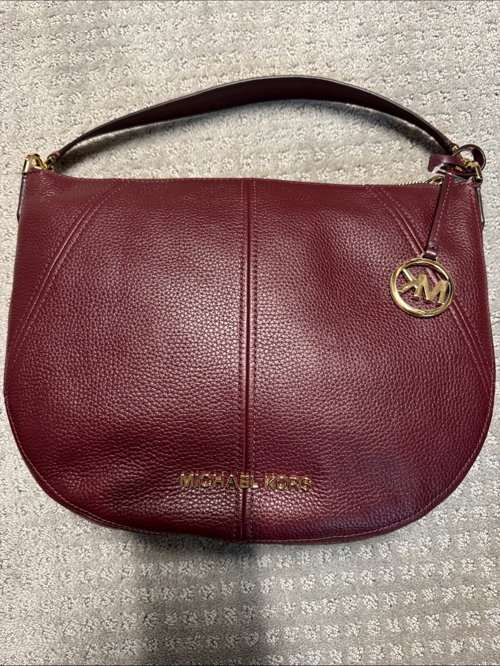 Michael Kors Burgundy Leather Hobo Shoulder Bag with Gold Hardware